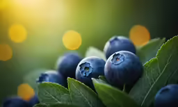 several blueberries are sitting on a green leafy bush
