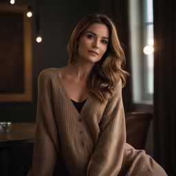 the beautiful lady is wearing a sweater in a chair