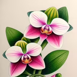 some flowers on top of green leaves,a picture of three pink flowers on a green stem