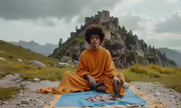 a person sitting on a blanket in front of mountains