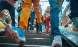 many people climbing an escalator and walking down it