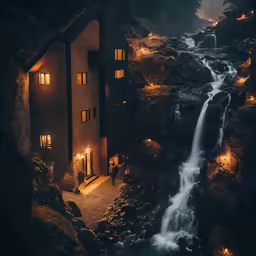 an exterior view of a house next to a waterfall