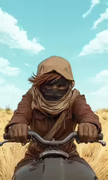 a person in full armor riding a motorcycle with tall grass