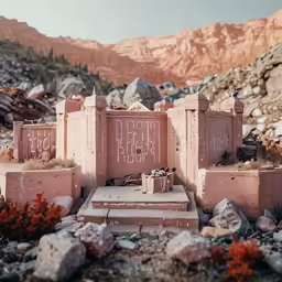 small brick structures and their names displayed in the rocky terrain