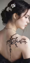 the back of a woman with a tattoo of flowers on her shoulder
