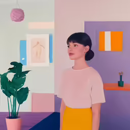a woman stands in a room with two plants