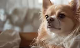 a chihuahua is staring intently while on the sofa