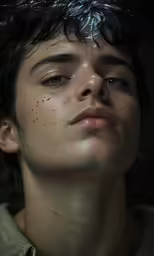 a man with freckles is looking down