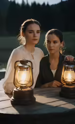 two women with lanterns on a table