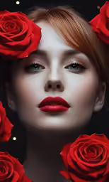 woman wearing red lipstick surrounded by roses