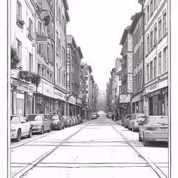 a drawing of a view from the middle of a street