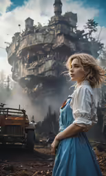 the woman is wearing a long blue dress