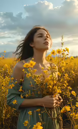 a woman standing in the middle of a field of yellow flowers