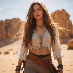 a woman walking on sand with mountain peaks behind her