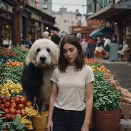 a woman standing by an outside market, with a dog on the back of it