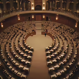 an assembly room filled with chairs and lights