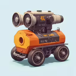 an orange and black toy train engine sitting on its wheels