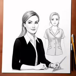 a black and white drawing of a women with a hand pencil