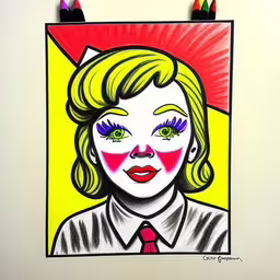 a portrait of a girl is colored with pink and blue,a drawing of a woman with green eyes, wearing a tie and looking creepy,a colorful picture of a woman with makeup on,the girl with colorful makeup and eye make up is wearing a tie,a drawing of a woman