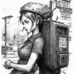 a woman with a hat standing next to a machine