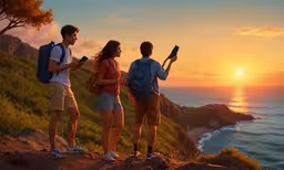 three people look into the sky as the sun sets over the ocean,three people standing on the top of a hill