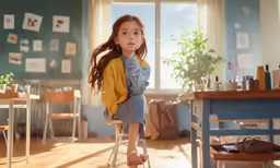 a girl sitting on a chair in a room with blue walls and white table
