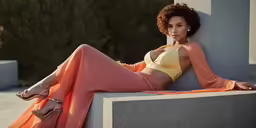 the model is posing on a cement wall