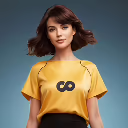 a model wears the gold asymmetrical tee top with black and white letters on it