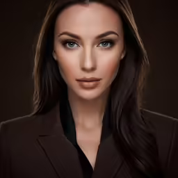 a woman with light blue eyes wearing a dark suit
