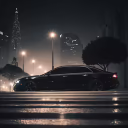 the black car is driving down the road