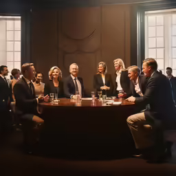 a group of people sitting around a table in front of windows