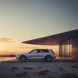 a silver car parked on the outside of a building