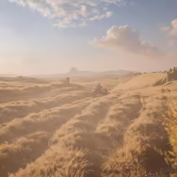 three vehicles on the plains surrounded by tall grasses