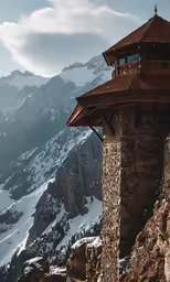 a stone building sitting on top of a snow covered mountain