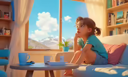 the little girl is sitting on the couch looking out the window