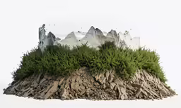 a pile of rocks covered in green grass and trees