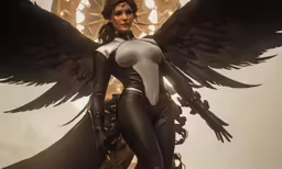 a woman in white and black outfit with large wings
