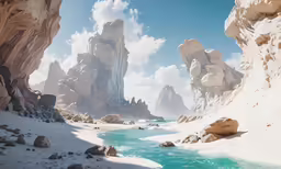 a river surrounded by rocks with mountains in the background