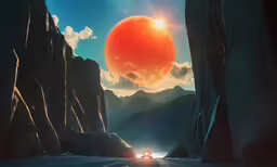 an orange ball of fire is on a mountain road