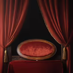 the red and gold bed frame in front of an orange curtain