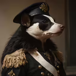 the black and white dog is dressed in a costume