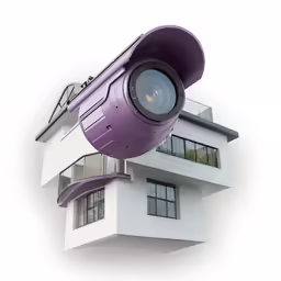 a large purple camera sitting on the side of a building