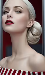 a beautiful blond girl with long hair in a high bun,
