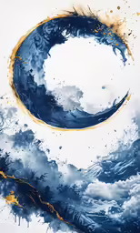 painting depicting blue waves and white and gold dots