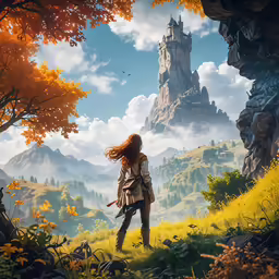 woman holding a gun standing in a field on a mountain side