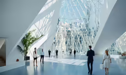 people walking inside a room with glass ceiling