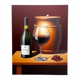 painting of a glass of wine and a bottle next to a crock pot