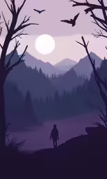 a person walking in the distance through a field surrounded by trees
