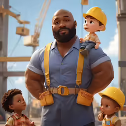 a man in blue shirt holding a small child while two kids in orange helmets look at him
