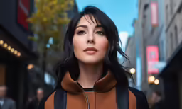 a woman with black hair is looking at the camera while standing on a street